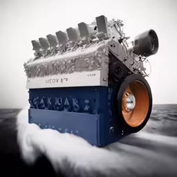 there is a small engine with white and orange wheels