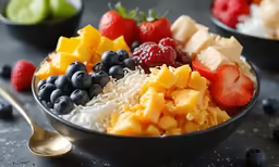 an open bowl of various fruit is sitting on a table