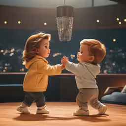 a little girl holding the hand of a doll of an older baby