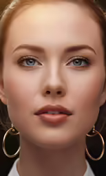 the blonde woman with blue eyes is wearing hoop earrings