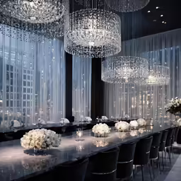 a very fancy setting with tables with fancy chandeliers