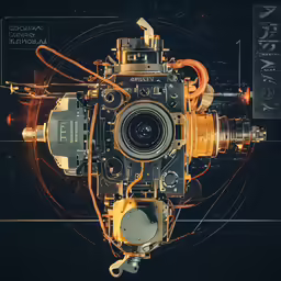 an old camera in front of a graphic background