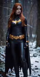 the red headed woman dressed as batgirl stands in the woods