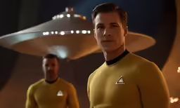 two men in yellow outfits standing near alien shapes