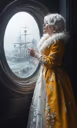 a woman in a yellow dress looks out the window