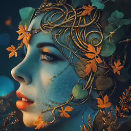 a woman with leaves on her face and head