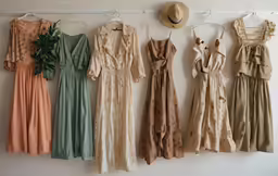 dresses hanging from a line next to hats