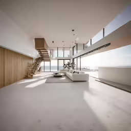 a large modern style living room next to the ocean