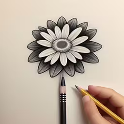 someone using their pencils to draw a flower,someone is drawing a sunflower with pencils on a white sheet