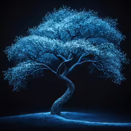 a blue tree with white leaves on the ground