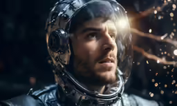 a man in a space suit and gear looks up into the sky