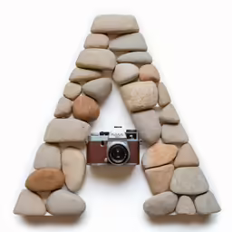 a camera sitting in front of a rock letter