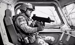 a man holding a gun inside a space ship,a soldier with a gun sitting on a space ship