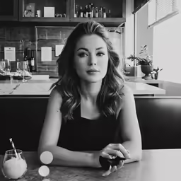 a beautiful young woman sitting at a bar