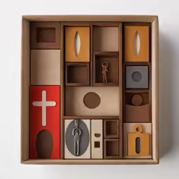 small wooden shelves that are in a box