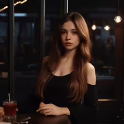 a woman sitting at a table with a drink in front of her