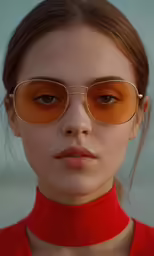 a model with sunglasses on her face wearing a red top