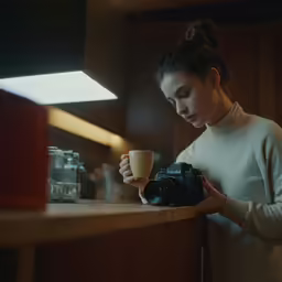 a woman holding a camera and coffee cup