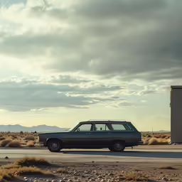 a small black station wagon on the side of a road