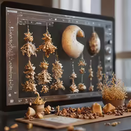 an arrangement of decorative and dried objects on a desktop