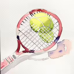 a watercolor painting of two tennis rackets and ball,there is a watercolor drawing of a tennis racket with a ball,watercolor drawing of a tennis racket and a ball,watercolor painting of a tennis racket and two balls,the painting shows a tennis racket and two balls