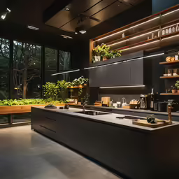 kitchen area with large island and potted plants