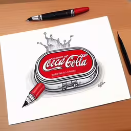this drawing was created using a ball point marker and a gel pens,a painting with a marker and pen resting on top of it
