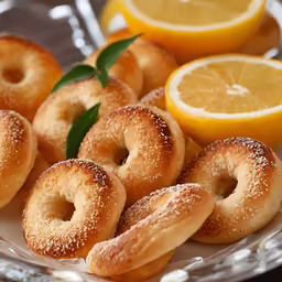 there is a plate with rolls covered in powdered sugar and lemon slices