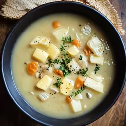 a bowl of soup with cheese, parsley and bread