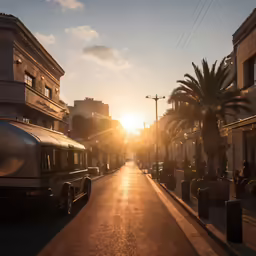 a street lined with parked cars and tall buildings with the sun shining brightly over them