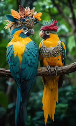 two parrots sitting on a branch with costumed headsdresses