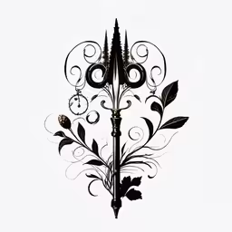the black and white drawing shows a stylized figure with a sword,an ornate drawing of a sword and leaves