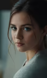 a woman with very blue eyes looks ahead