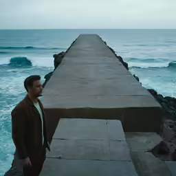 a man is standing on a cement pier and looking into the water
