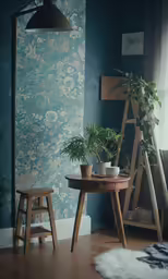 a dining table, chair and potted plants sit next to a window