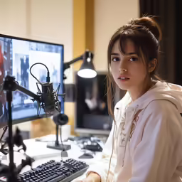 young female recording in front of computer monitor