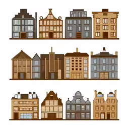 four different buildings that are all different colors,different styles of buildings that look like they were in a village