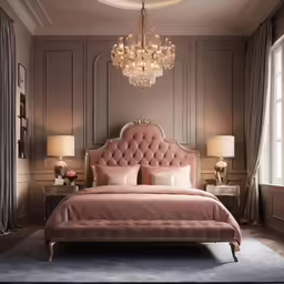 a bedroom in pink and gold decorated with crystal chandelier