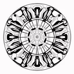 an abstract black and white painting that looks like circles,a circle made out of utensils drawn in black ink,an abstract art drawing on white paper,black and white geometric design for a design project,an abstract circular pattern that looks like the inside of a wheel
