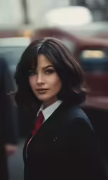 woman dressed in a suit and tie standing in the street