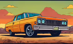 a car on a desert road in the desert,an orange and yellow car on a desert plain