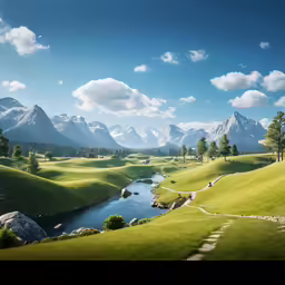 a valley with many hills, grass, and water