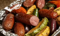 some sausages wrapped in tin foil and a few other ingredients