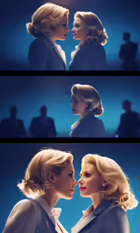 two women in formal clothing facing each other