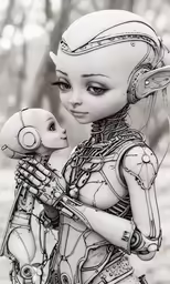 the alien woman is holding a baby robot