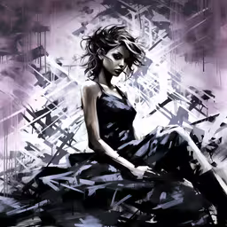 painting of a girl with short hair and black dress sitting on a piece of furniture,an illustration of a woman sitting on the ground