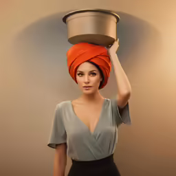 a digital rendering of a lady in an orange turban