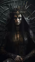 a woman with dark makeup and black hair,the woman with a crown on her head sits in a circle