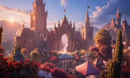 an aerial view of a city with a castle