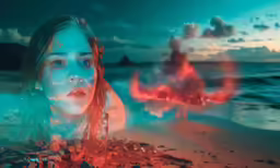 a woman on the beach looks at the camera while another looks on